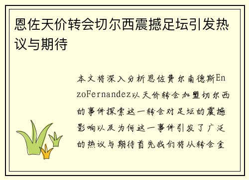 恩佐天价转会切尔西震撼足坛引发热议与期待